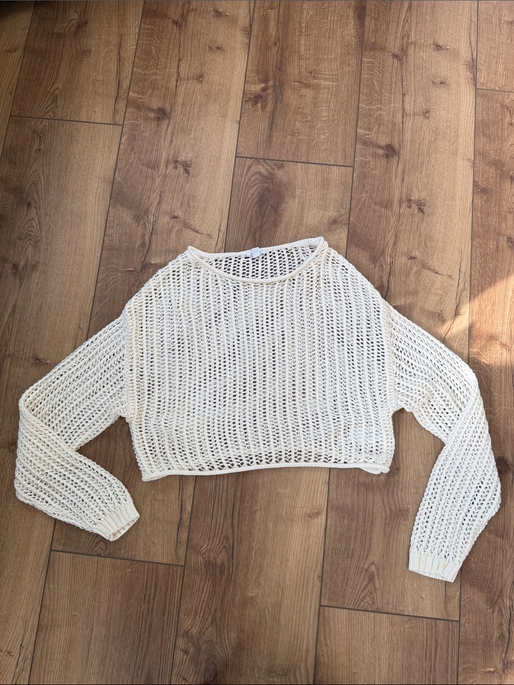 Garage White Cropped Open-Weave Crewneck Sweater